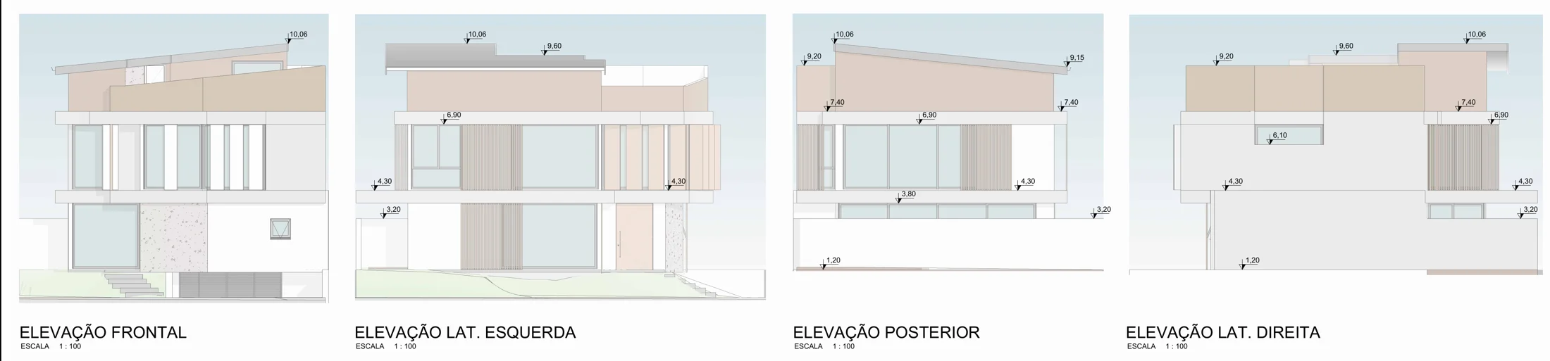 Elevações frontal, laterais e posterior da Casa 208