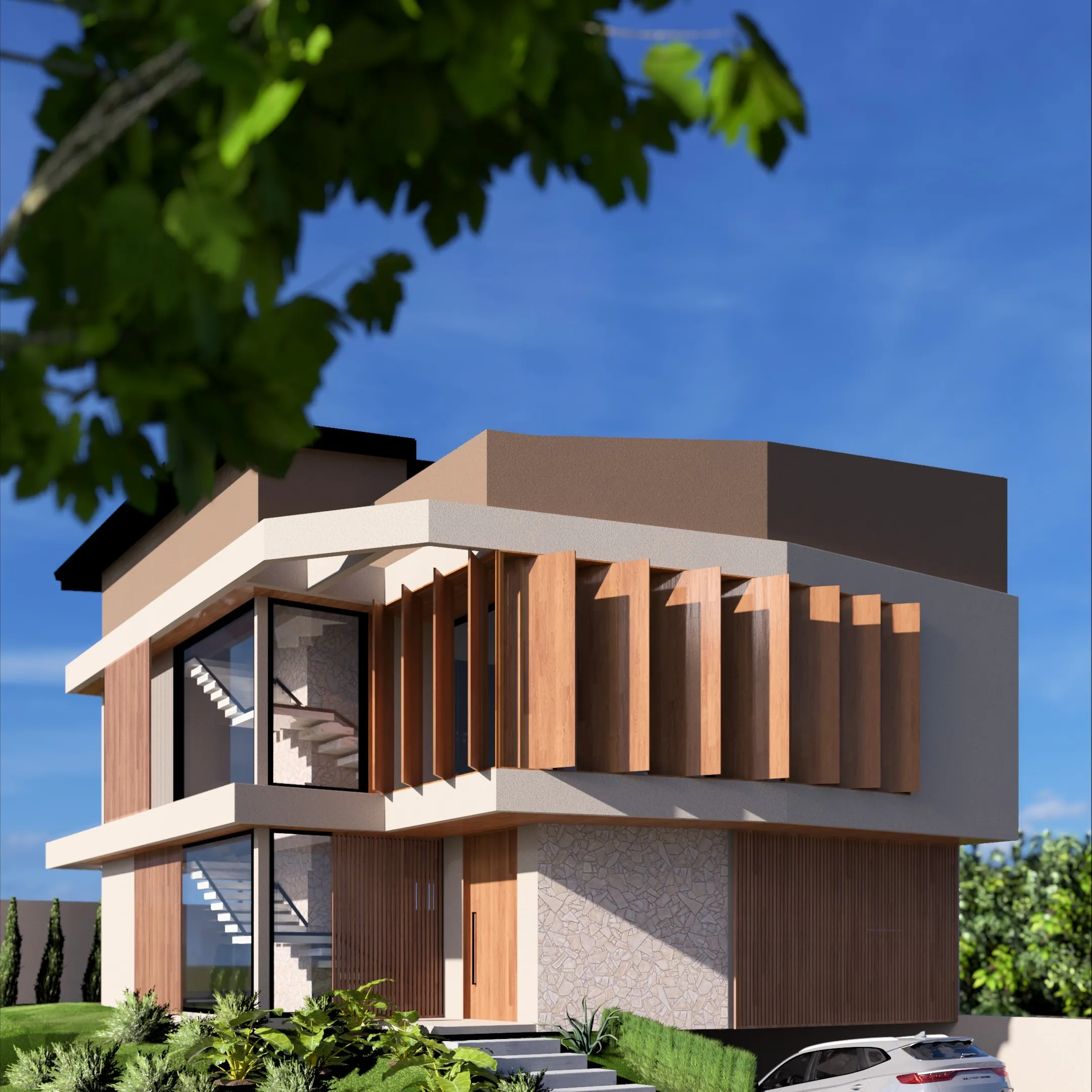 Casa 208: fachada com brises de madeira pivotantes