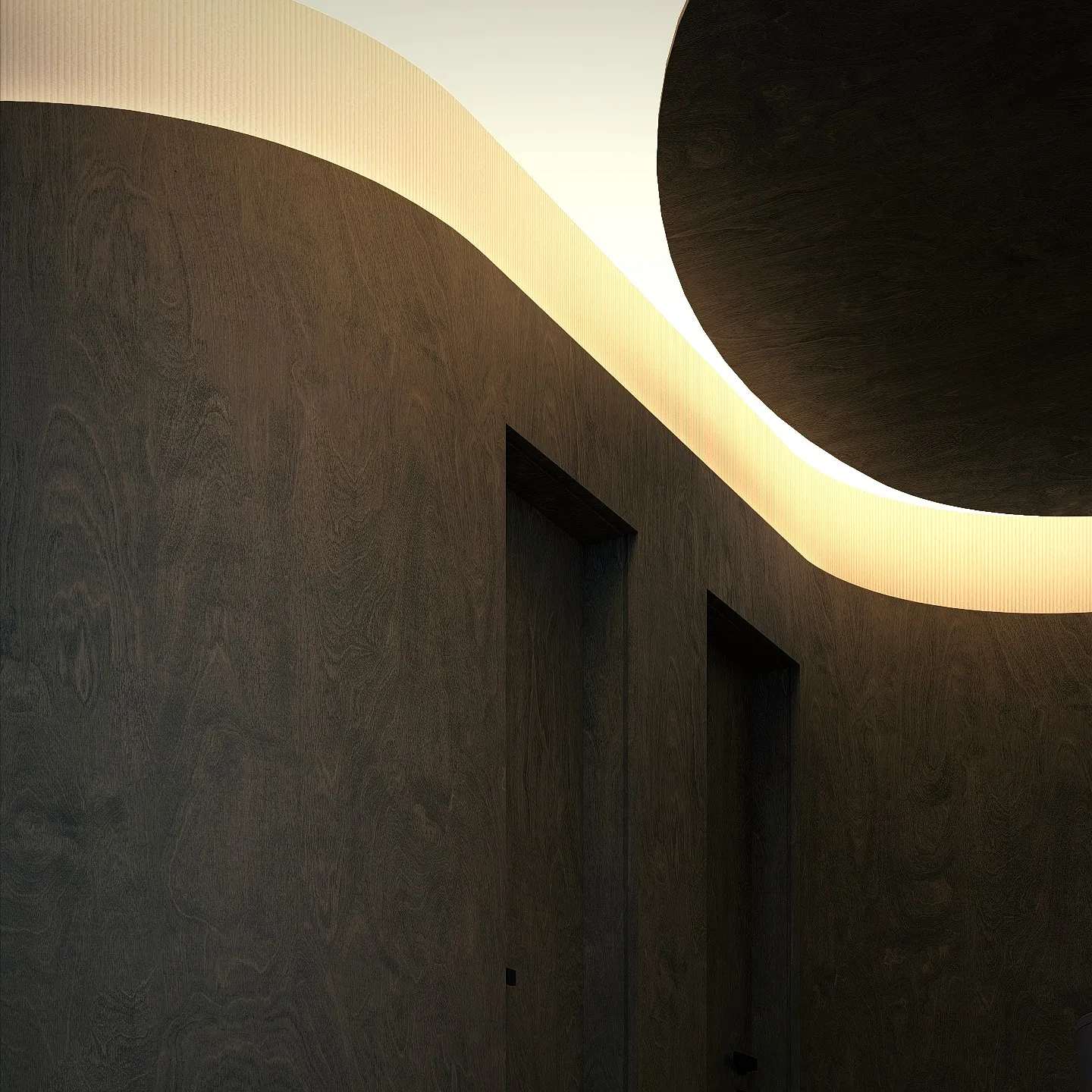 Estudo: curva da parede com faixa de luz e forro circular