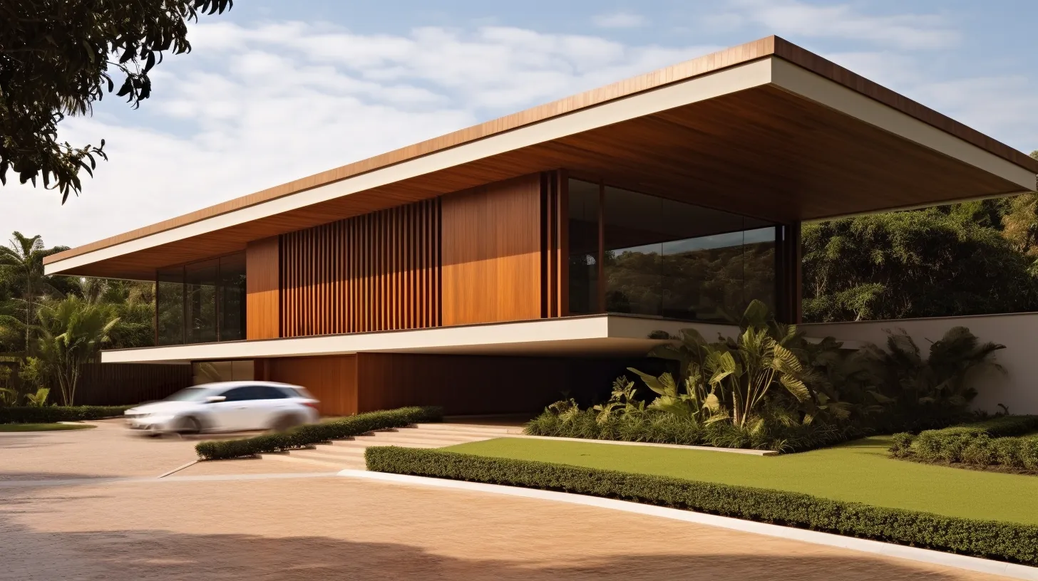 S&E Residence: residência térrea com cobertura em balanço e painéis de madeira