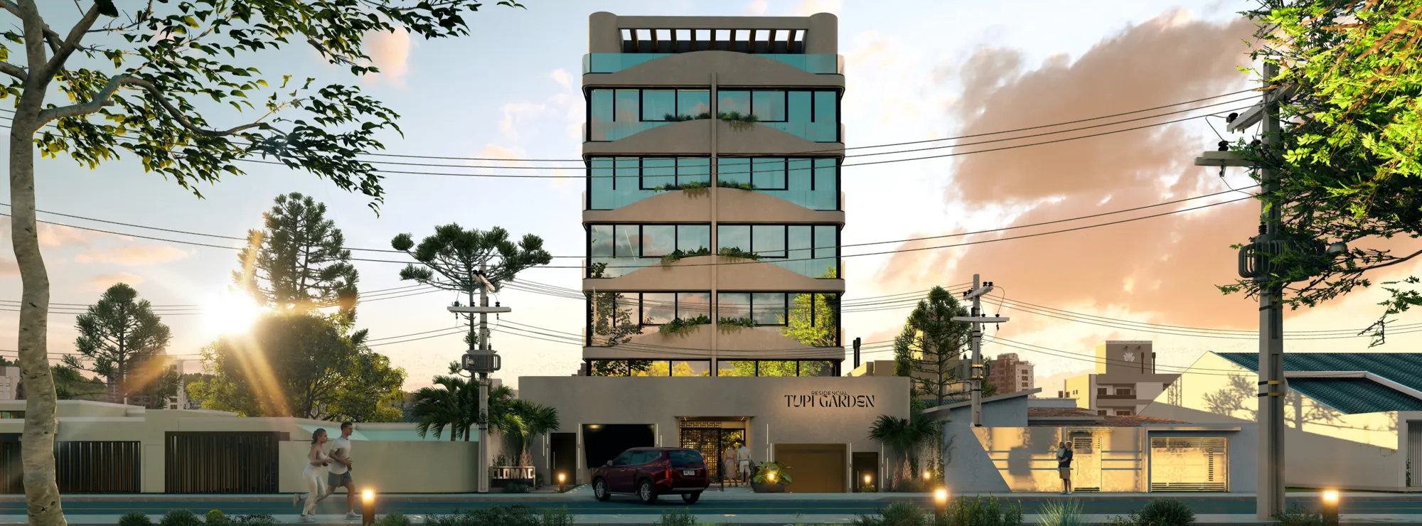 Tupi Garden: fachada frontal com varandas em curva ao entardecer