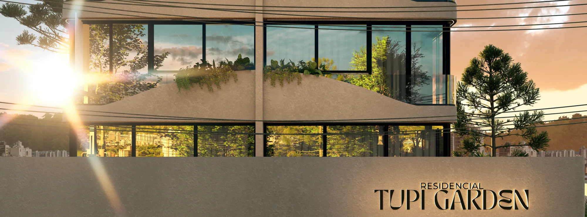 Embasamento com o letreiro Tupi Garden e jardins